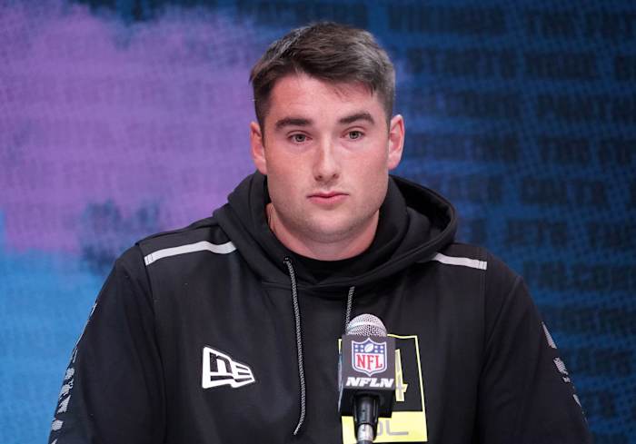 Feb 26, 2020; Indianapolis, Indiana, USA; Auburn Tigers lineman Jack Driscoll (14) during the NFL Scouting Combine at the Indiana Convention Center.